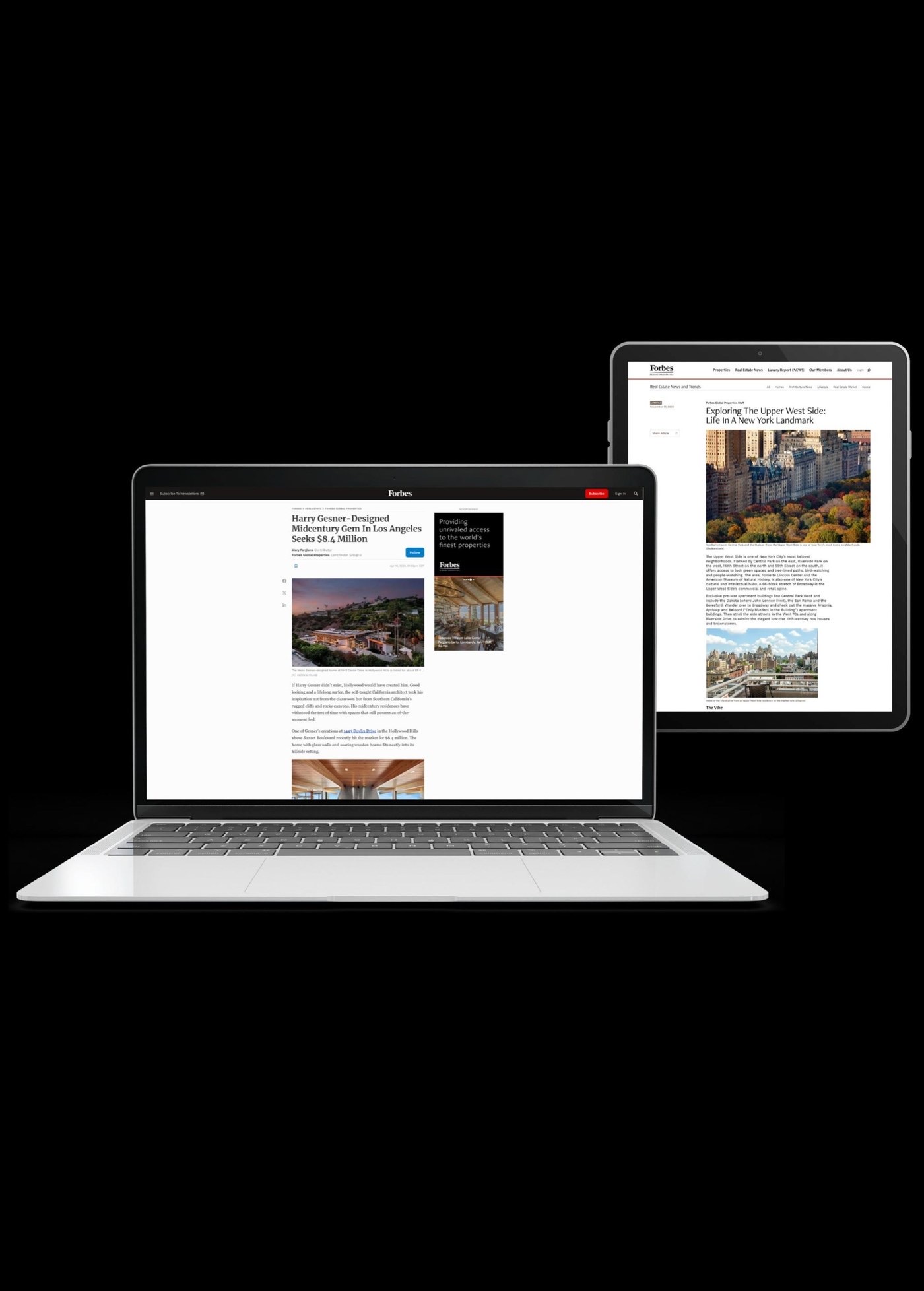 Editorial coverage on Forbes across a laptop and tablet