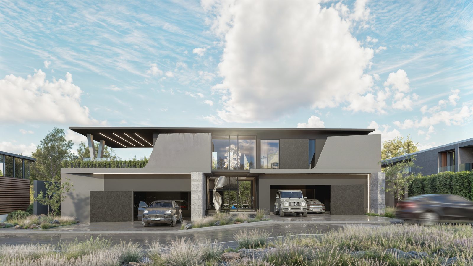 The symmetrical street elevation, twin garages either side of the double volume glazed entry