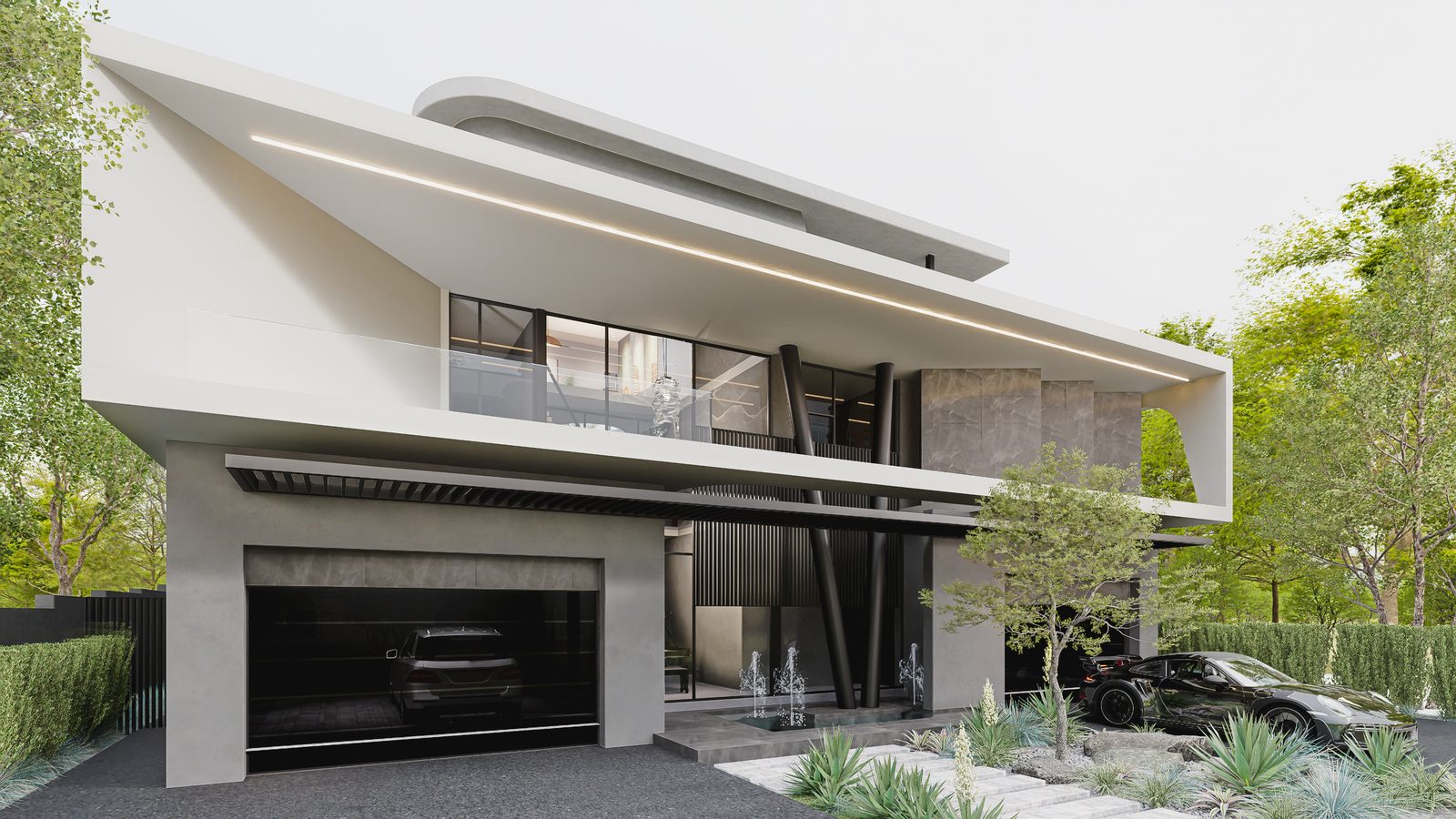 The glazed kitchen island and courtyard tree at the heart of the plan