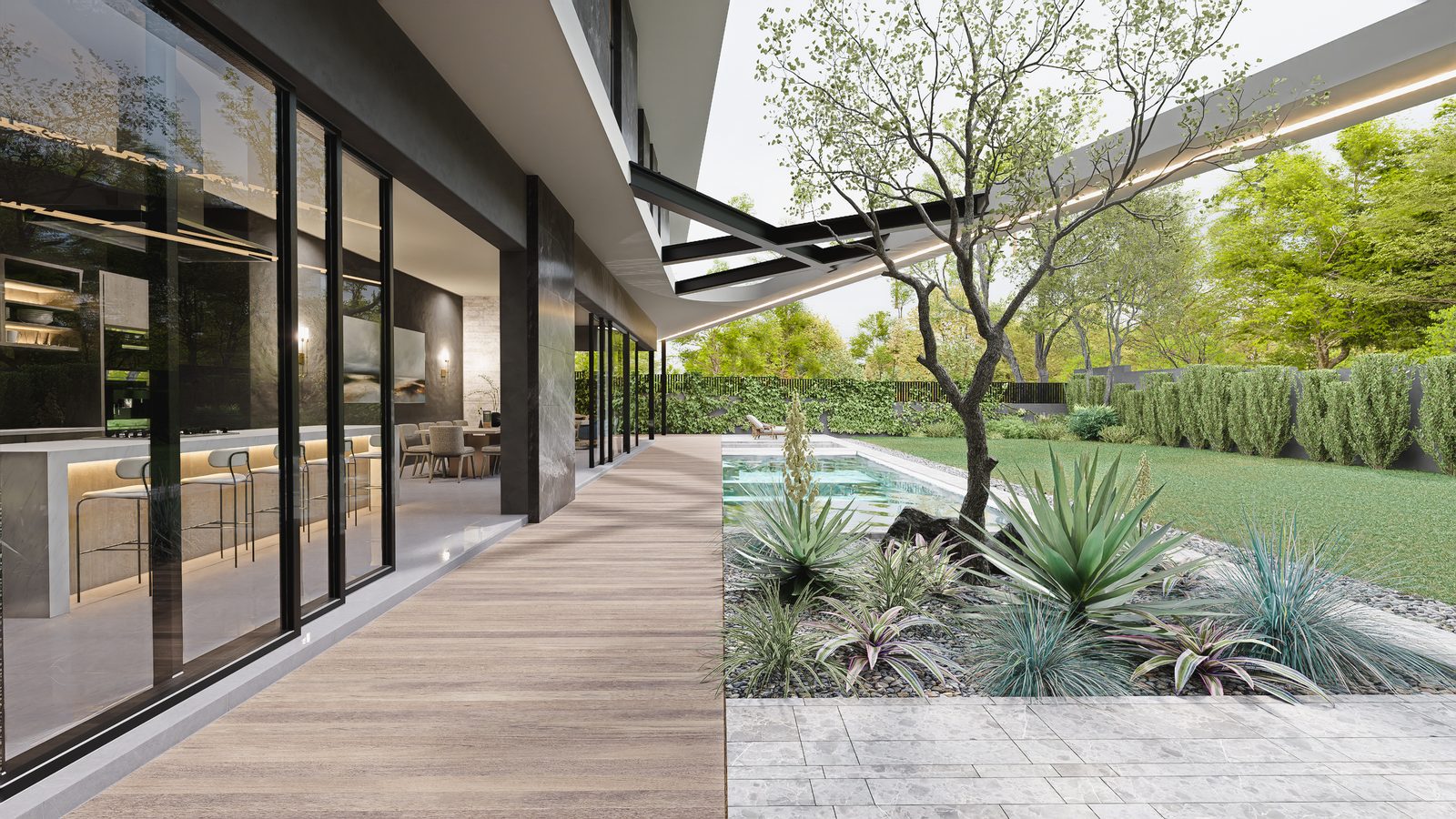 The sun deck and linear pool beside the covered terrace