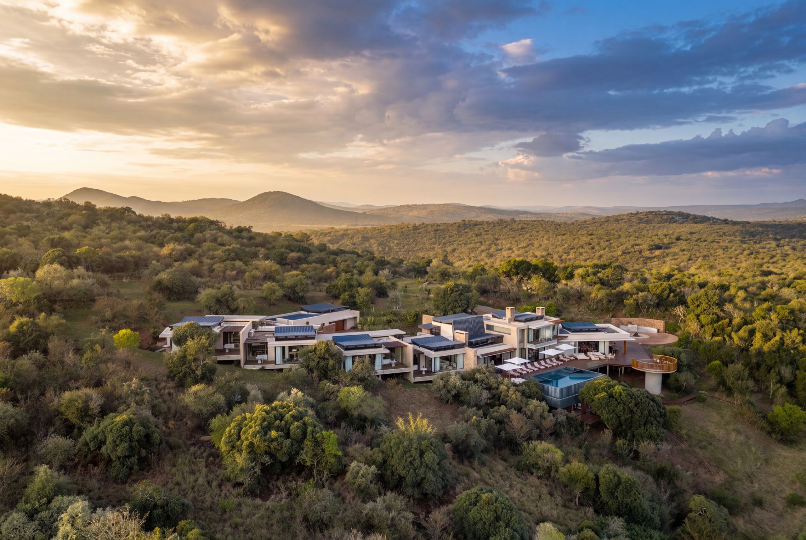 Aerial view of Villa Thandawena on its ridge above the Thanda Safari reserve