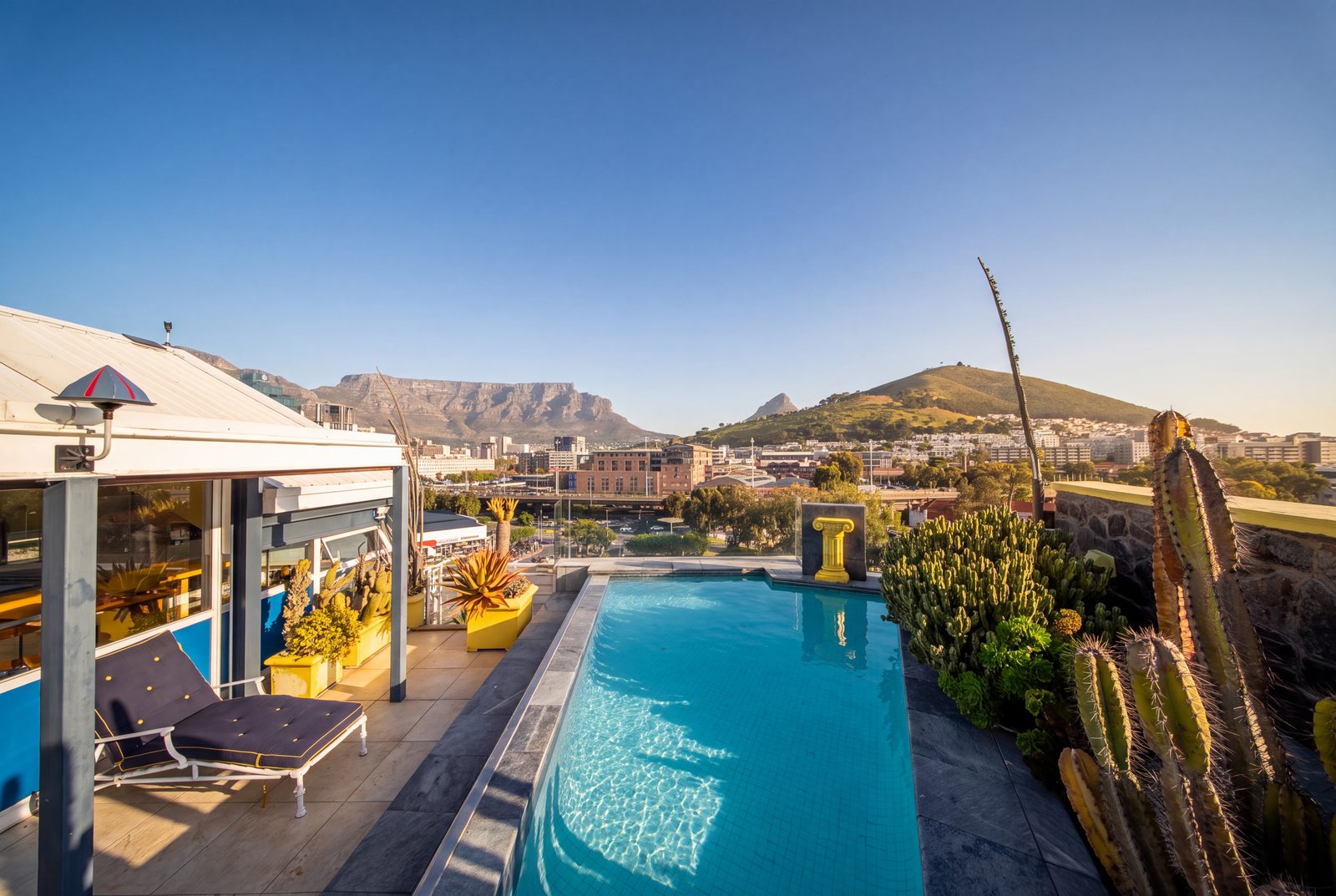 The pool terrace and cactus garden, Table Mountain behind